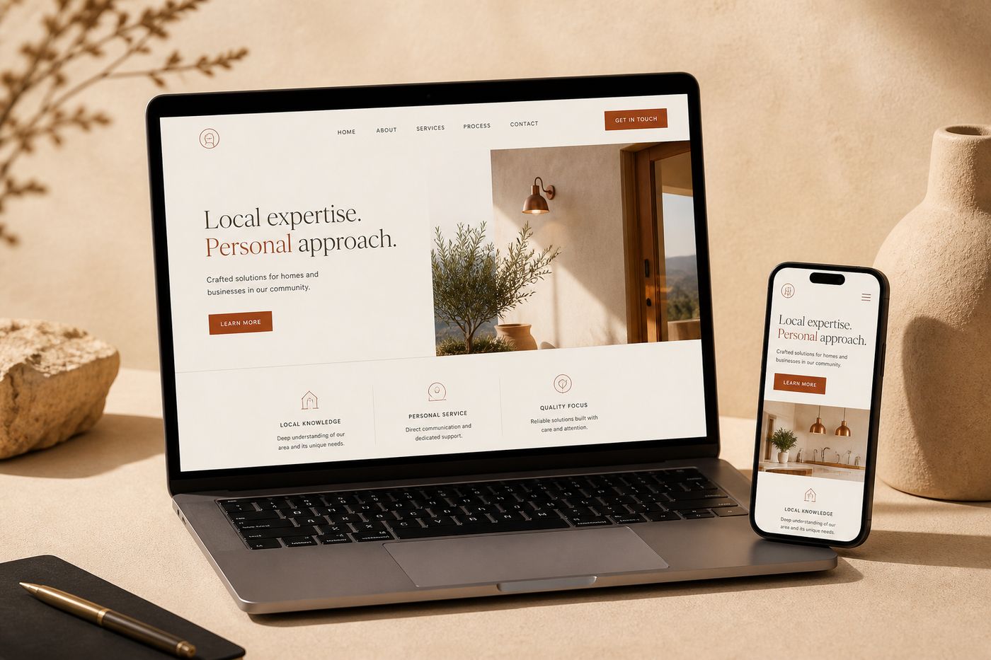 Laptop and phone showing a local business website