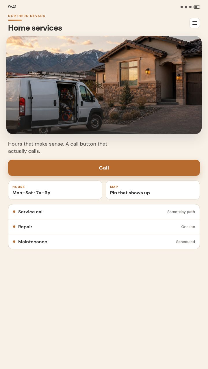 Home services mobile site with call and hours