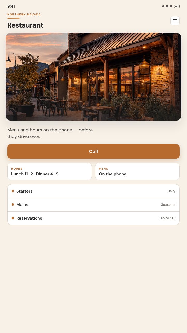 Restaurant menu and hours on a phone